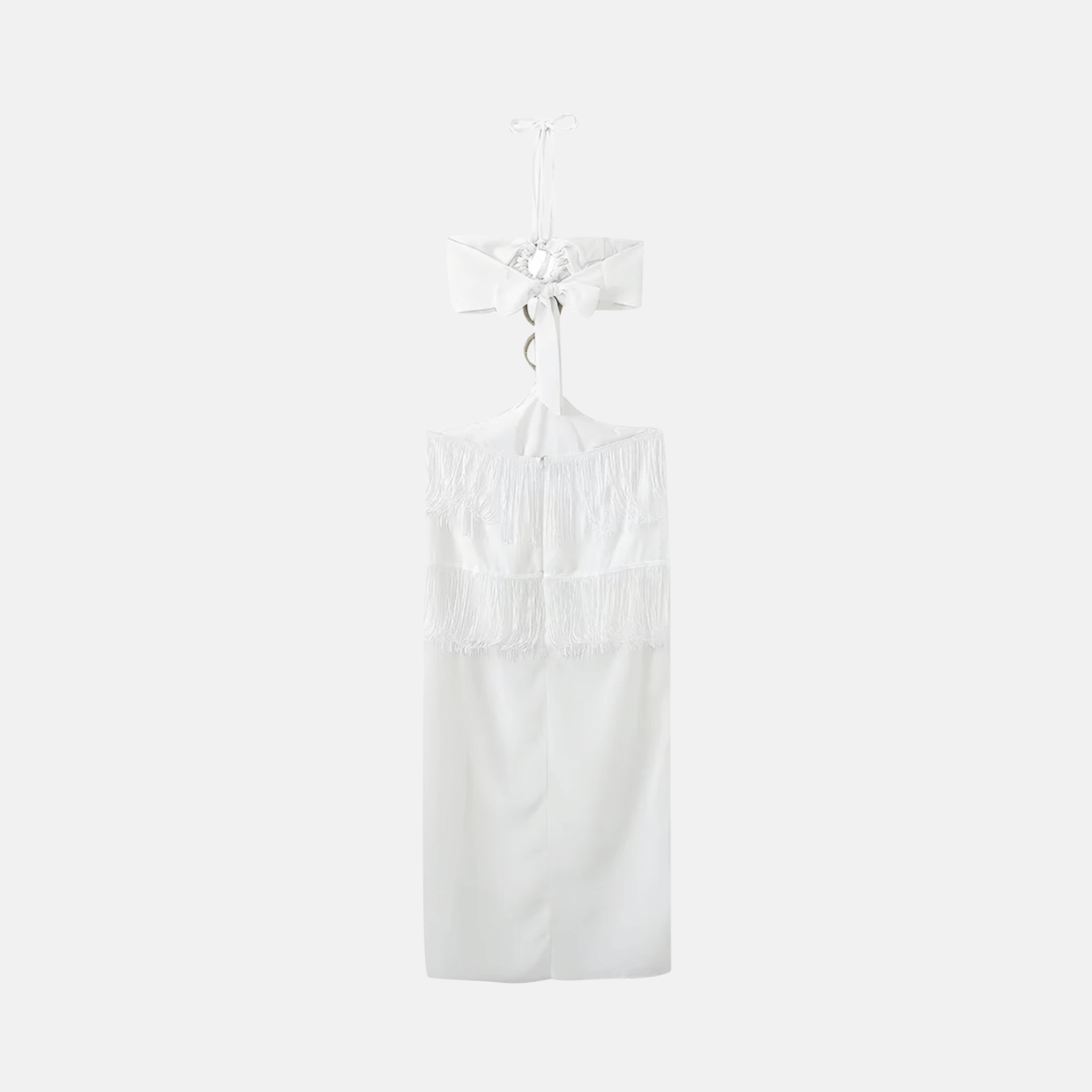 Vestido Longo Branco com Franjas e Corrente Dourada no Decote – Ferre - VIEUX OFICIAL