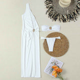 Vestido Longo Branco de Festa com Fenda, Recortes e Detalhes Dourados Esculturais – Vial VIEUX OFICIAL