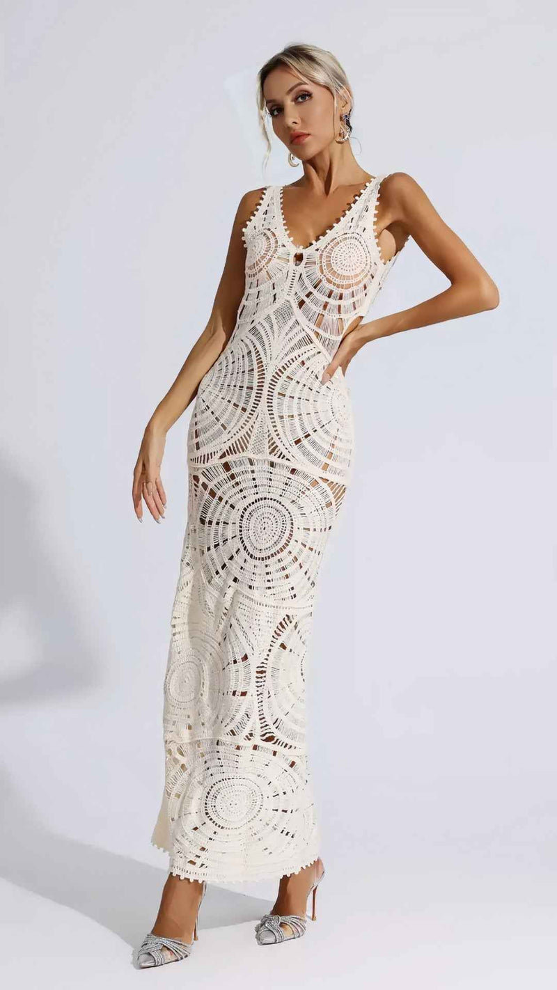 Vestido longo de crochê com trama geométrica e costas nuas nude Piquet VIEUX OFICIAL