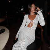 Vestido Longo Branco em Crochê com Recorte Frontal e Amarração – Remy VIEUX OFICIAL
