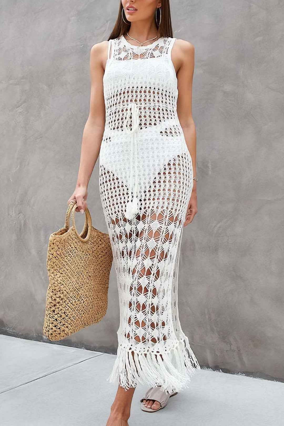 Vestido Longo Branco em Crochê com Transparência e Franjas - Lejeune - VIEUX OFICIAL