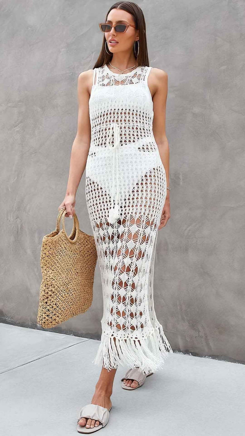 Vestido longo em crochê com transparência e franjas branco Lejeune VIEUX OFICIAL