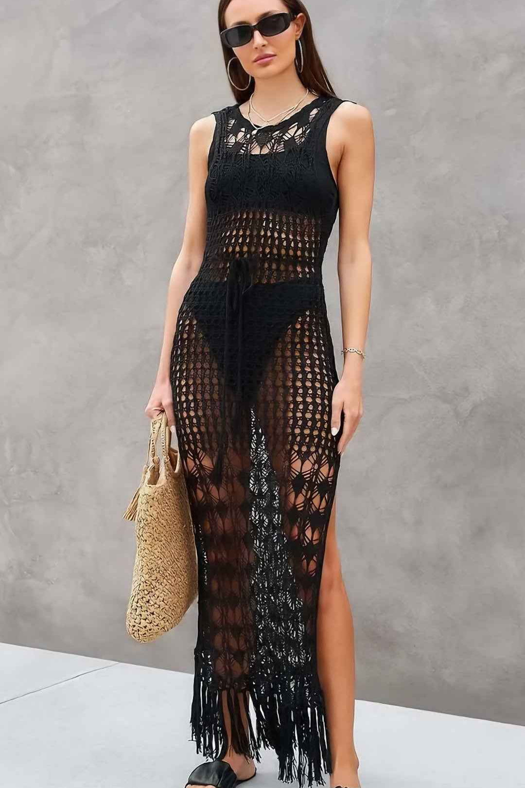 Vestido Longo Branco em Crochê com Transparência e Franjas - Lejeune - VIEUX OFICIAL