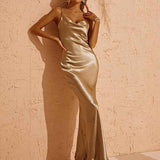 Vestido Longo Dourado Acetinado com Alças Finas e Decote Draped - Allard - VIEUX OFICIAL