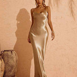 Vestido Longo Dourado Acetinado com Alças Finas e Decote Draped - Allard - VIEUX OFICIAL
