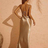 Vestido Longo Dourado Acetinado com Alças Finas e Decote Draped - Allard - VIEUX OFICIAL