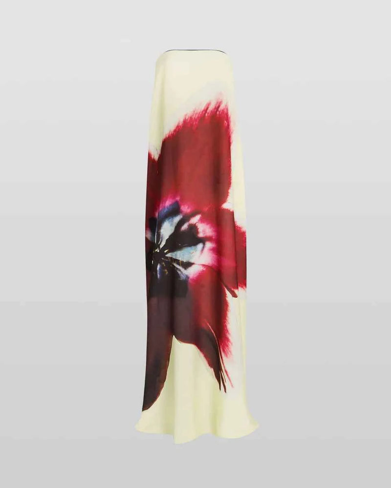 Vestido longo estampado tomara que caia em seda com caimento fluido branco Belleville VIEUX OFICIAL