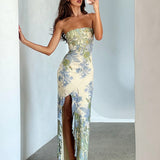 Vestido Longo Floral Tomara que Caia com Fenda Assimétrica e Babados – Fleurisse VIEUX OFICIAL