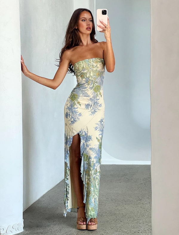 Vestido Longo Floral Tomara que Caia com Fenda Assimétrica e Babados – Fleurisse VIEUX OFICIAL