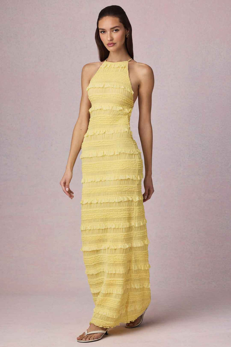 Vestido longo frente única texturizado com babados branco Daphne VIEUX OFICIAL