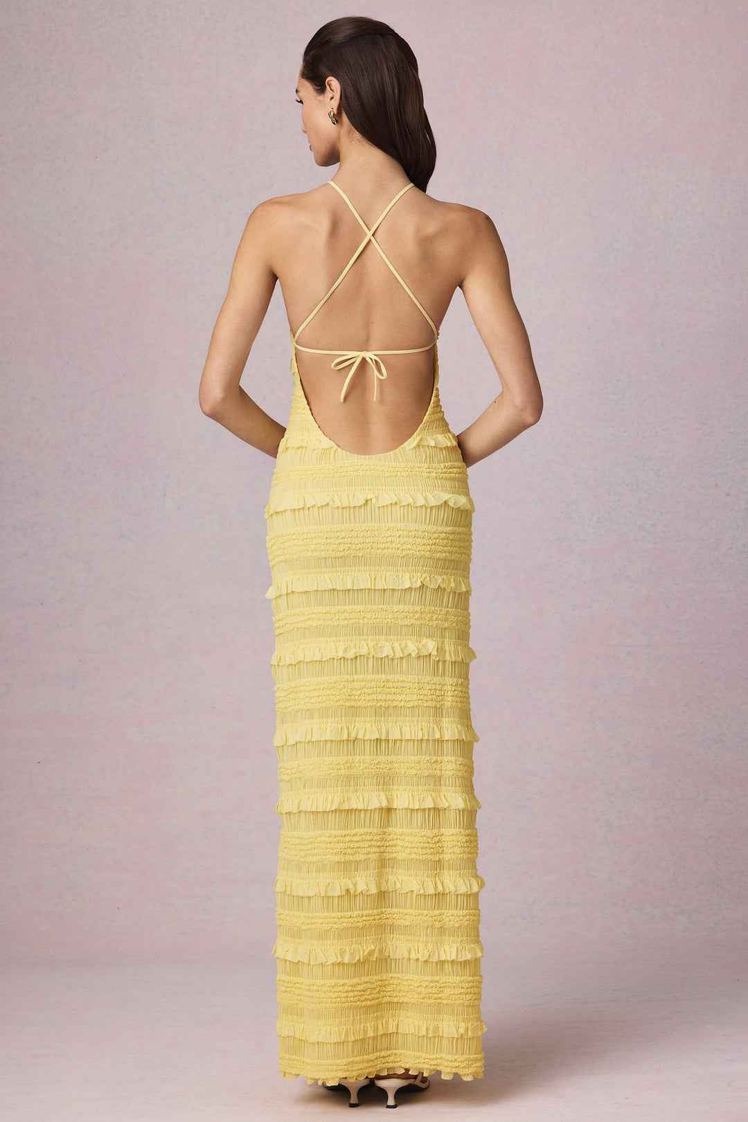 Vestido longo com decote frente única e babados em camadas Daphne VIEUX OFICIAL