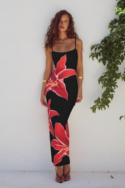Vestido Longo Justo de Malha com Estampa Maxi Floral e Decote Quadrado – Ella VIEUX OFICIAL
