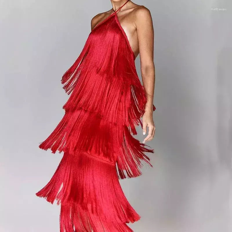 Vestido Feminino de Festa Elegante Longo Com Franjas vermelho - Montmartre - VIEUX OFICIAL