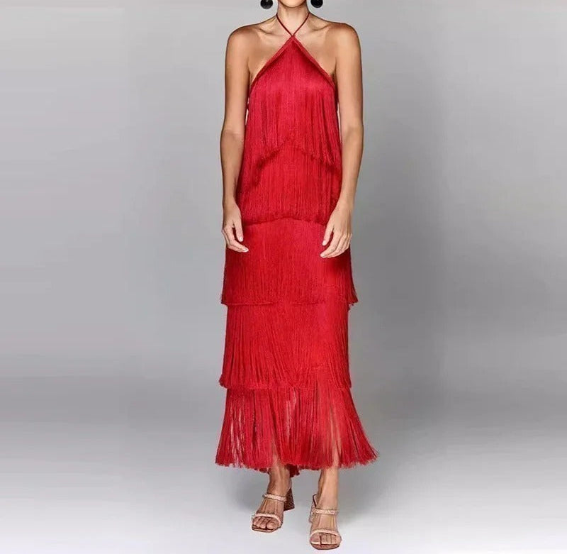 Vestido Feminino de Festa Elegante Longo Com Franjas Dourado - Montmartre - VIEUX OFICIAL