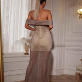 Vestido Longo Nude Ombro a Ombro com Tela de Cristais e Transparência Sofisticada – Blanchet - VIEUX OFICIAL