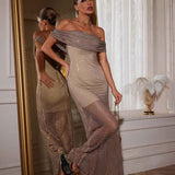 Vestido Longo Nude Ombro a Ombro com Tela de Cristais e Transparência Sofisticada – Blanchet - VIEUX OFICIAL