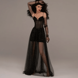 Vestido Longo Nude Transparente com Brilho e Corset Estruturado – Trois