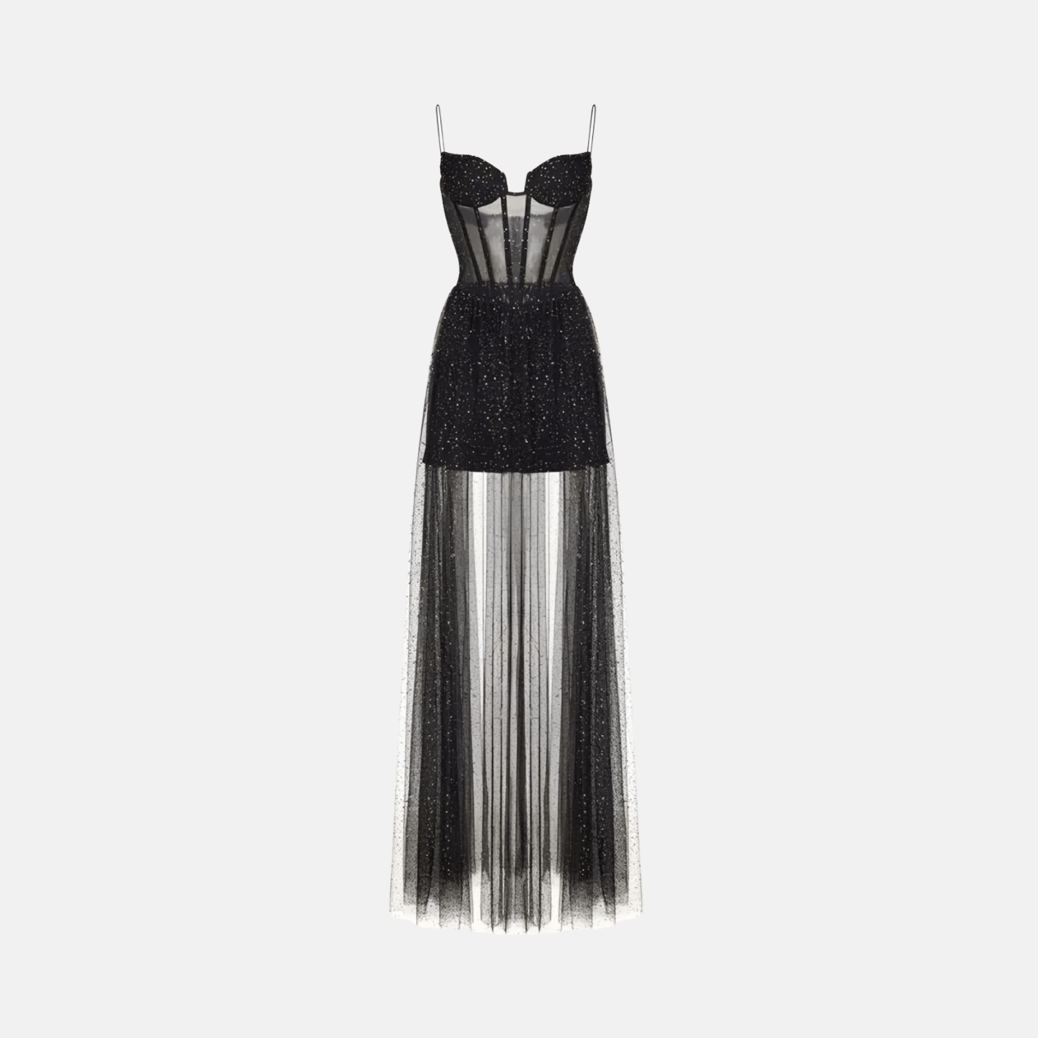 Vestido Longo Nude Transparente com Brilho e Corset Estruturado – Trois - VIEUX OFICIAL