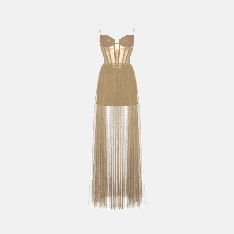 Vestido longo transparente com brilho e corset estruturado preto Trois VIEUX OFICIAL
