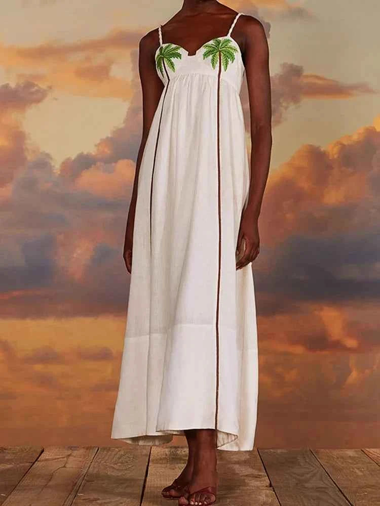 Vestido longo off-white com alças finas e bordado de palmeiras Palmier VIEUX OFICIAL