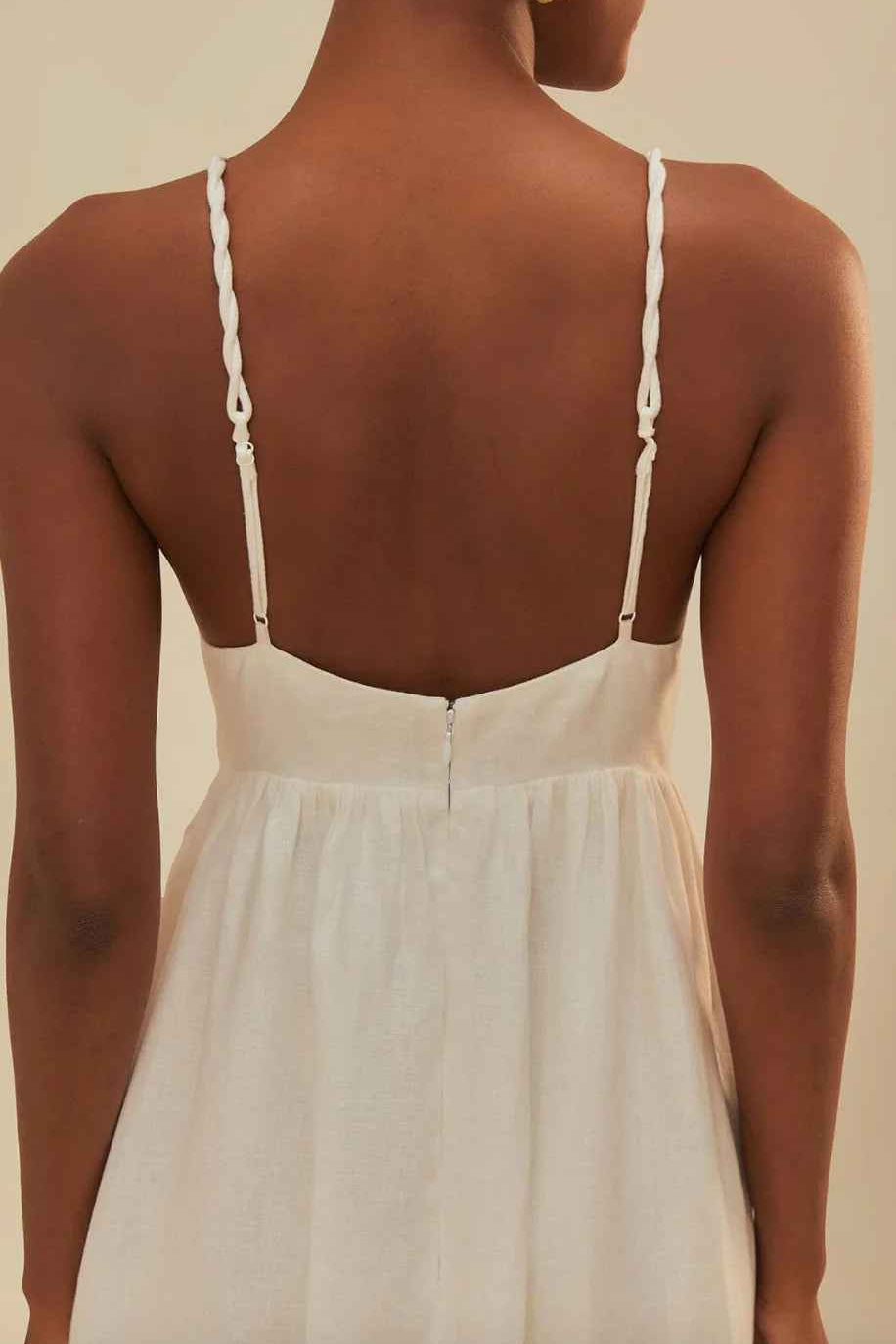 Vestido Longo Off-White com Alças Finas e Bordado de Palmeiras - Palmier VIEUX OFICIAL