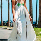 Vestido Longo Off-White com Alças Finas e Bordado de Palmeiras - Palmier VIEUX OFICIAL