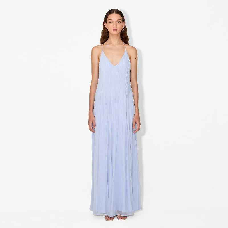 Vestido longo plissado azul com alças finas e textura crinkle Aria VIEUX OFICIAL