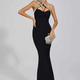 Vestido Longo Preto com Decote Cruzado Bordado em Cristais e Fenda Discreta – Billie VIEUX OFICIAL