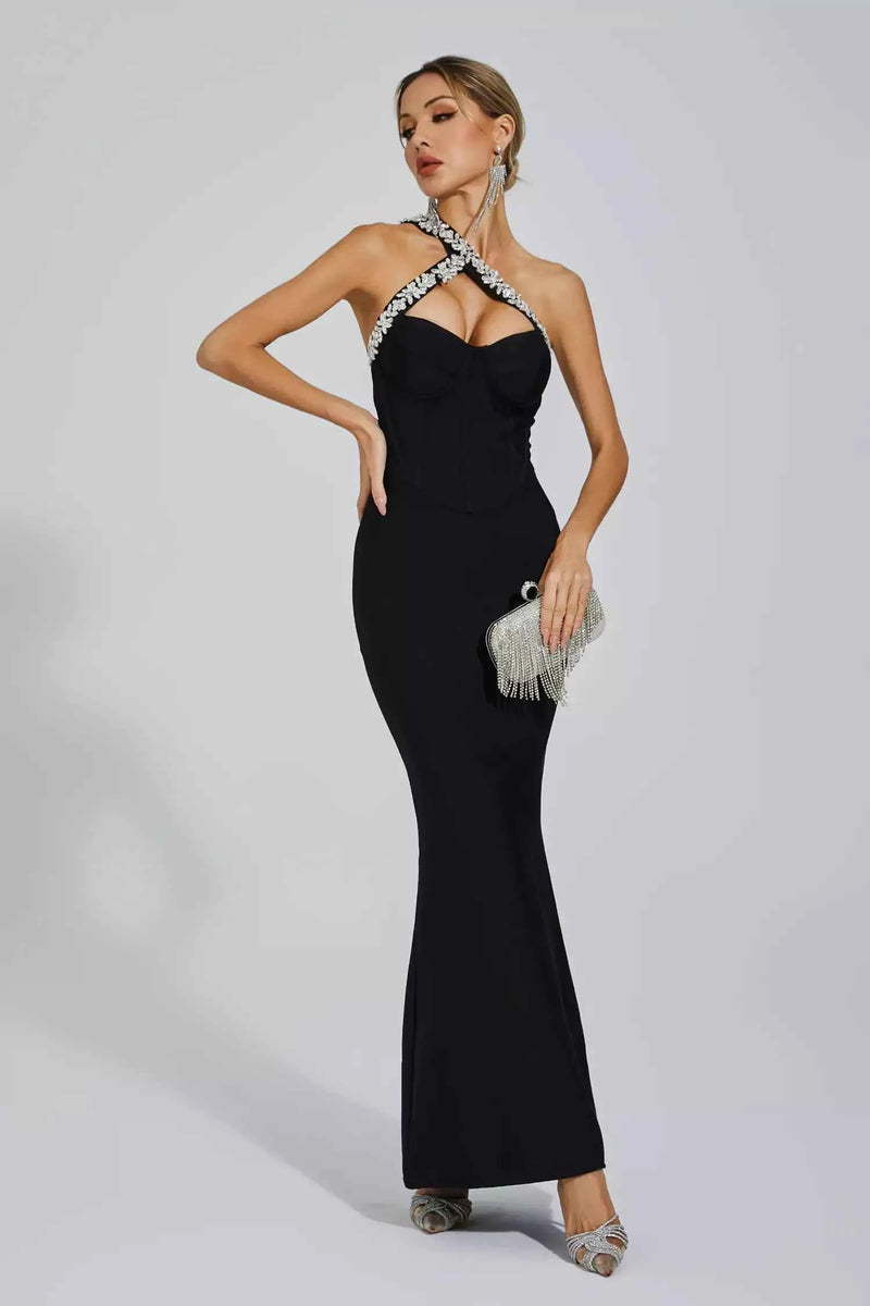 Vestido longo preto com decote cruzado bordado em cristais e fenda discreta Serge VIEUX OFICIAL