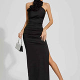 Vestido Longo Preto com Gola de Rosas e Fenda Lateral - Julien VIEUX OFICIAL