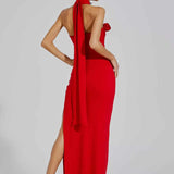 Vestido Longo Preto com Gola de Rosas e Fenda Lateral - Julien VIEUX OFICIAL