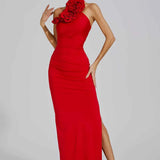 Vestido Longo Preto com Gola de Rosas e Fenda Lateral - Julien VIEUX OFICIAL