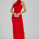 Vestido Longo Preto com Gola de Rosas e Fenda Lateral - Julien VIEUX OFICIAL