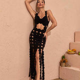 Vestido Longo Preto de Festa com Recortes Vazados e Aplicações Geométricas – Rochefort VIEUX OFICIAL