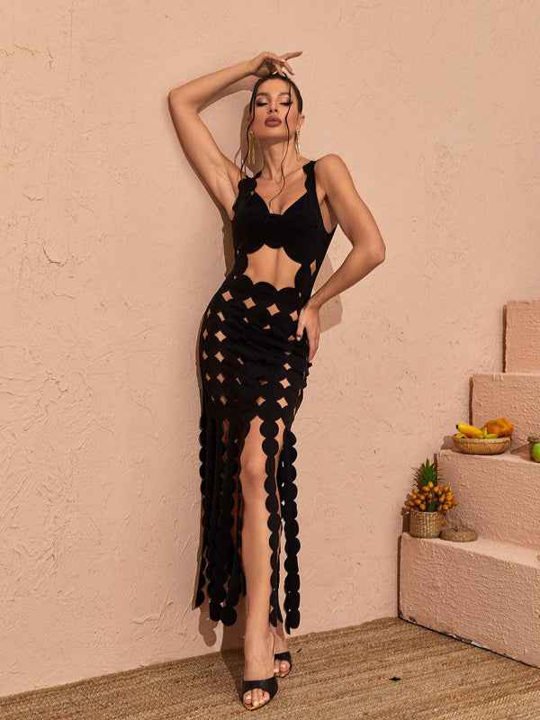 Vestido Longo Preto de Festa com Recortes Vazados e Aplicações Geométricas – Rochefort VIEUX OFICIAL