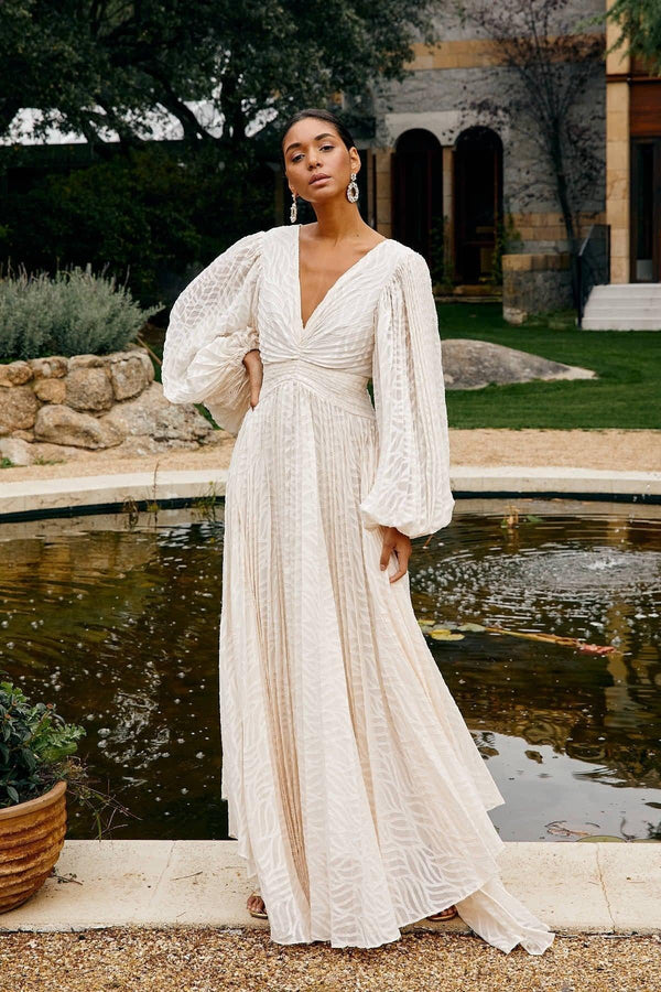 Vestido Longo Texturizado com Mangas Bufantes e Gola V – Luminèe VIEUX OFICIAL