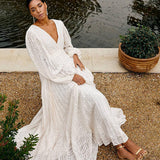 Vestido Longo Texturizado com Mangas Bufantes e Gola V – Luminèe VIEUX OFICIAL