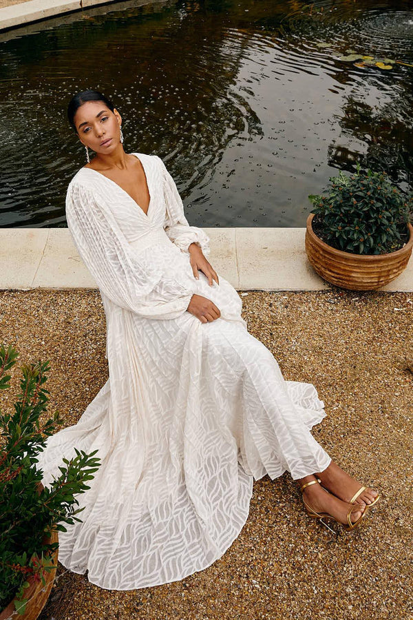 Vestido Longo Texturizado com Mangas Bufantes e Gola V – Luminèe VIEUX OFICIAL