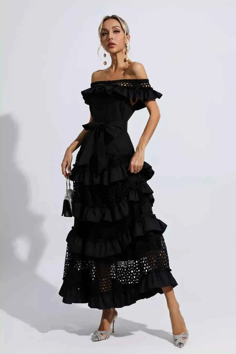 Vestido longo com babados e renda vazado preto Roisille VIEUX OFICIAL