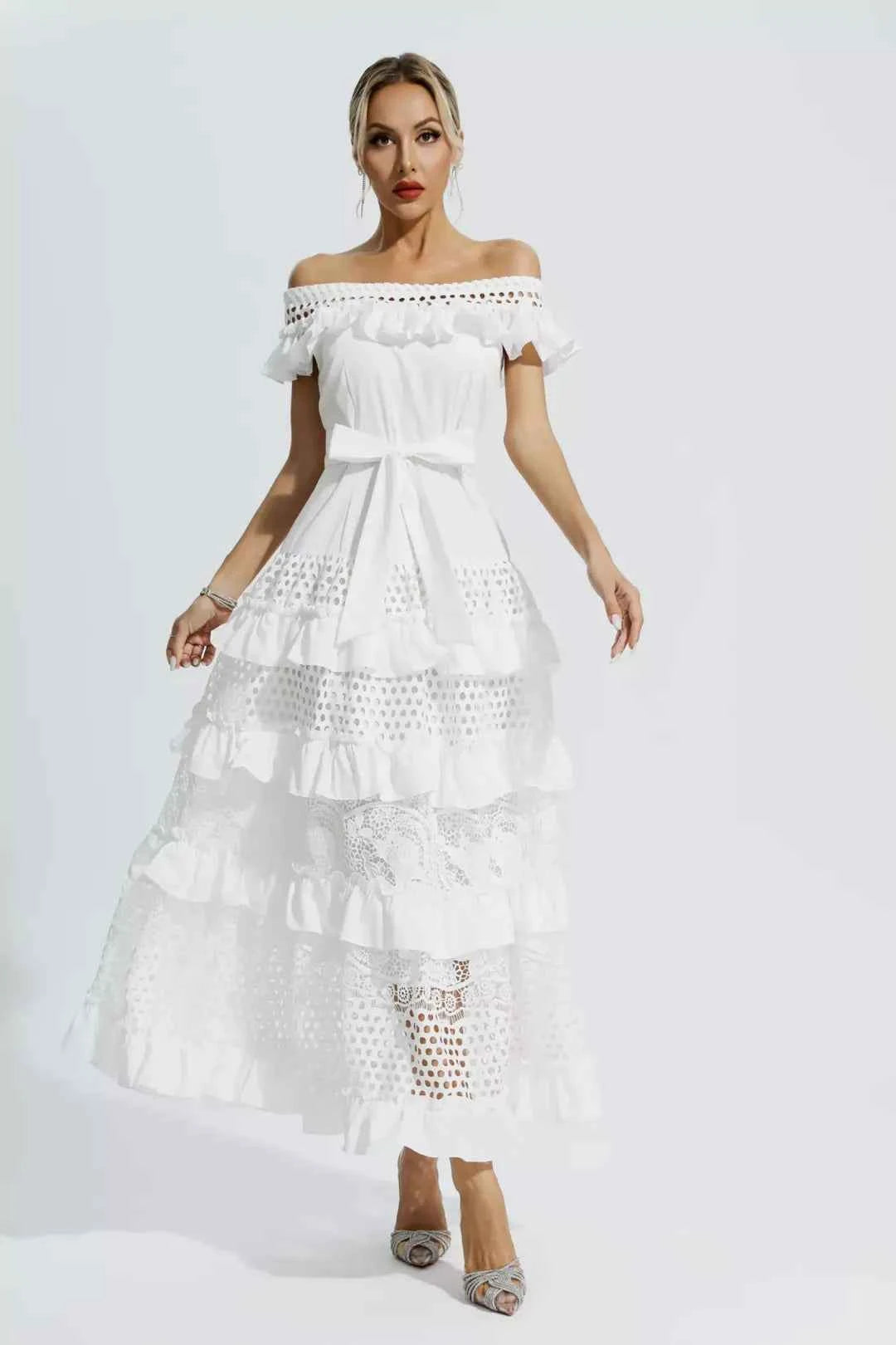 Vestido Longo com Babados e Renda Vazado – Roisille - VIEUX OFICIAL