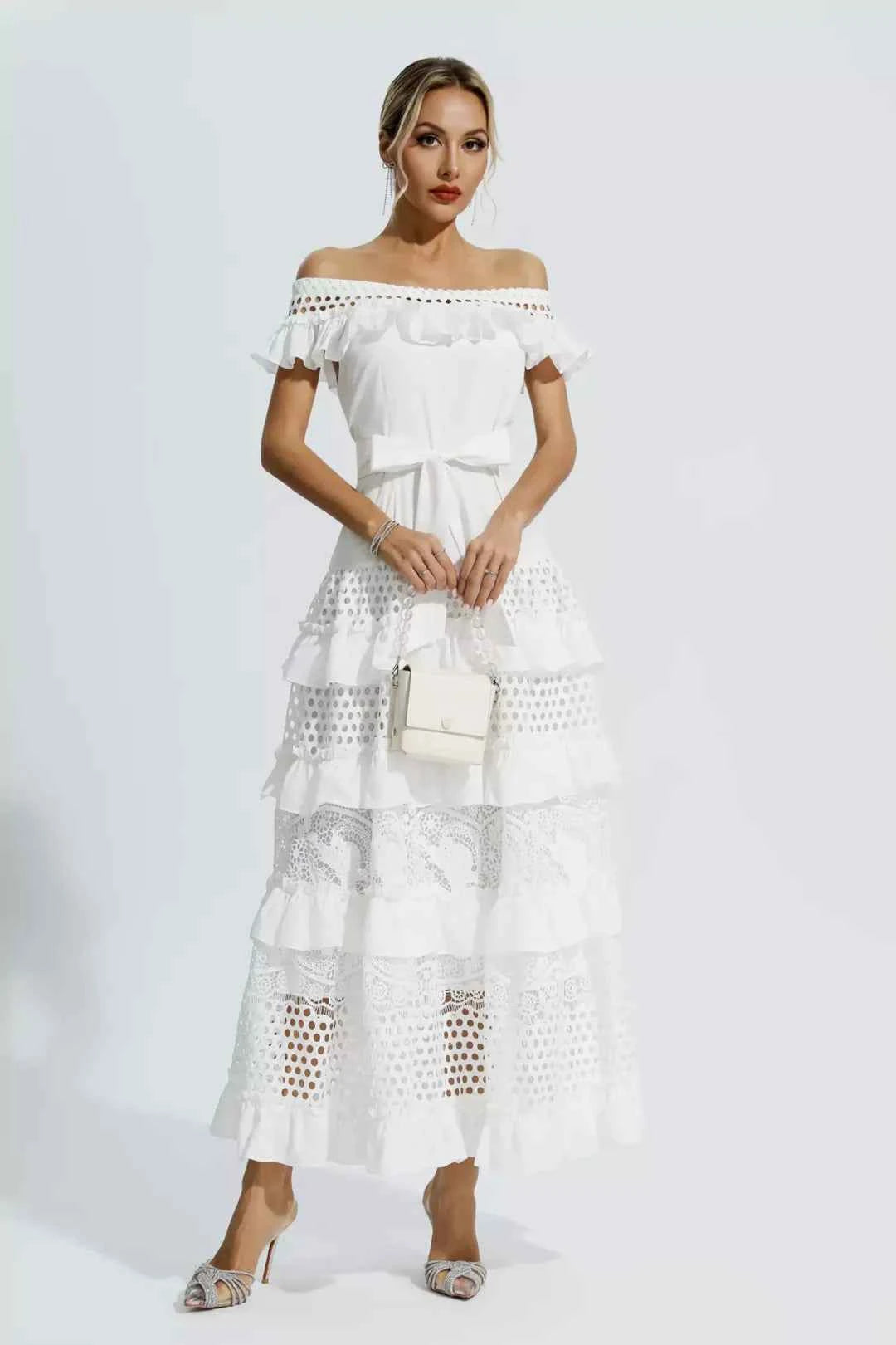 Vestido Longo com Babados e Renda Vazado – Roisille - VIEUX OFICIAL