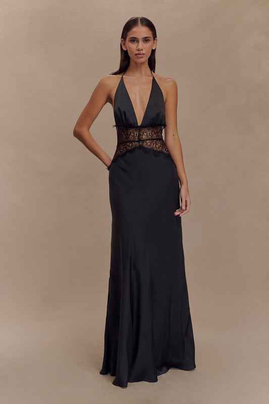 Vestido longo de cetim preto com recorte em renda e frente única Désir VIEUX OFICIAL