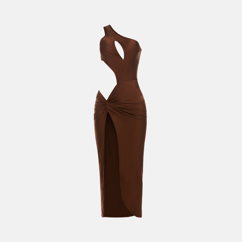 Vestido longo de festa assimétrico com recortes laterais e fenda frontal marrom Poliere VIEUX OFICIAL