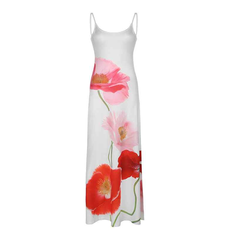 Vestido longo de festa estampado floral com alças finas vermelho Fleur VIEUX OFICIAL