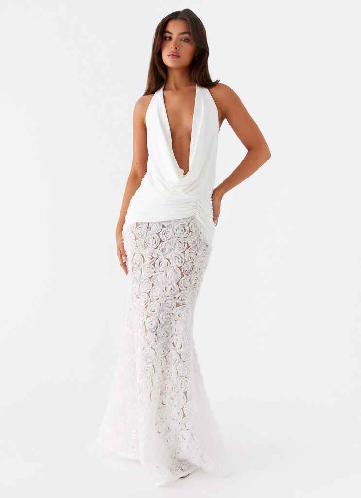 Vestido longo de festa branco frente única com saia de rosas 3D Camelia VIEUX OFICIAL
