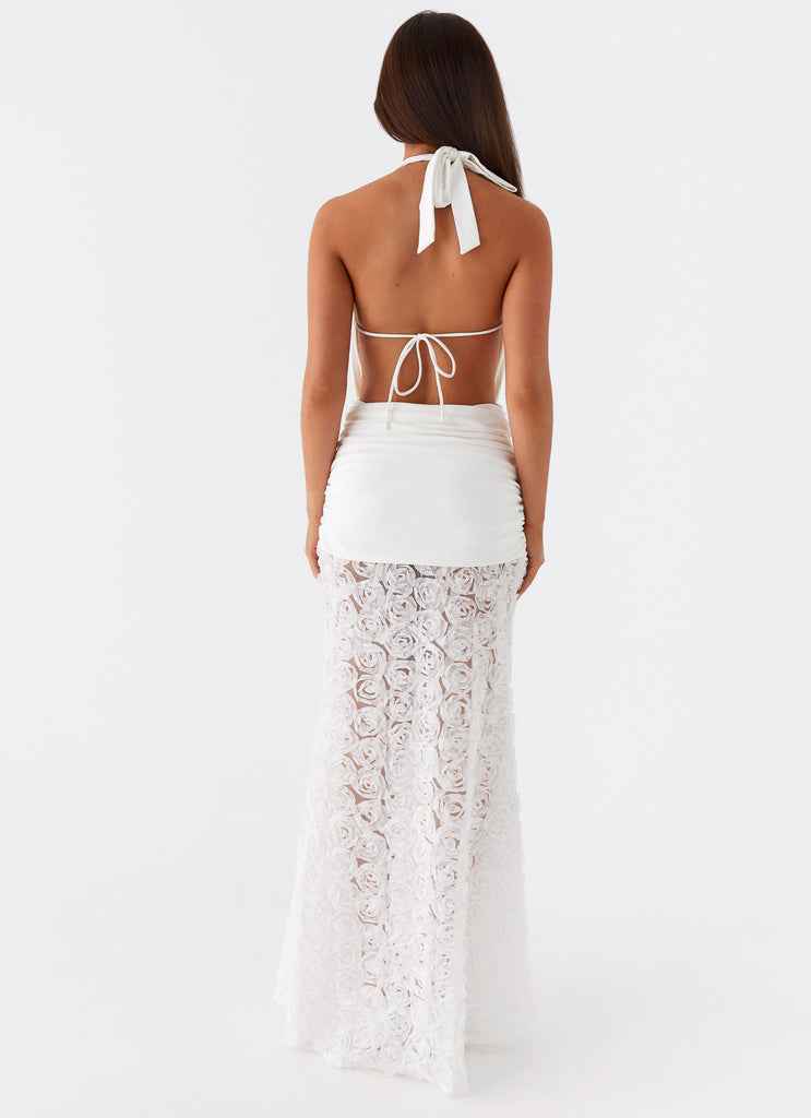 Vestido longo branco com aplicações de rosas tridimensionais Camelia VIEUX OFICIAL