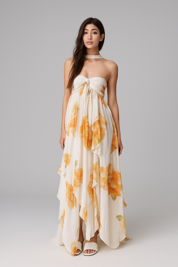 Vestido Longo de Festa Tomara que Caia com Camadas de Babados em Chiffon – Céleste VIEUX OFICIAL