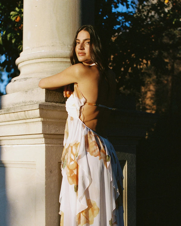 Vestido Longo de Festa Tomara que Caia com Camadas de Babados em Chiffon – Céleste VIEUX OFICIAL