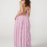 Vestido Longo de Festa Tomara que Caia com Camadas de Babados em Chiffon rosa – Céleste VIEUX OFICIAL