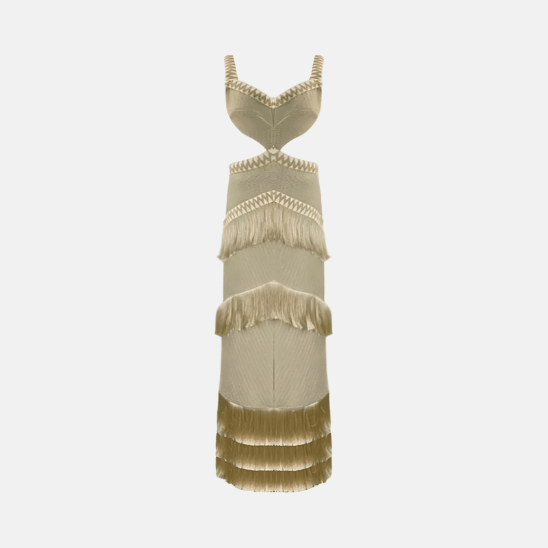 Vestido longo de festa com franjas e recorte na cintura bege Ferrand VIEUX OFICIAL